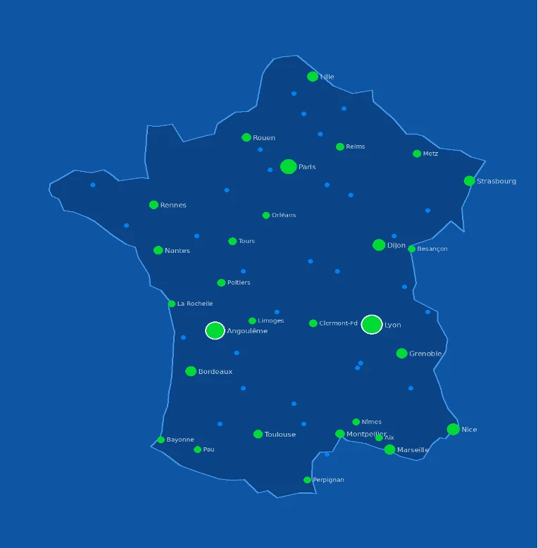 Carte de France du déploiement de Qui Veut Rafraîchir Sa Ville : des points de présence répartis sur l'ensemble du territoire, avec Lyon et Angoulême mis en avant.