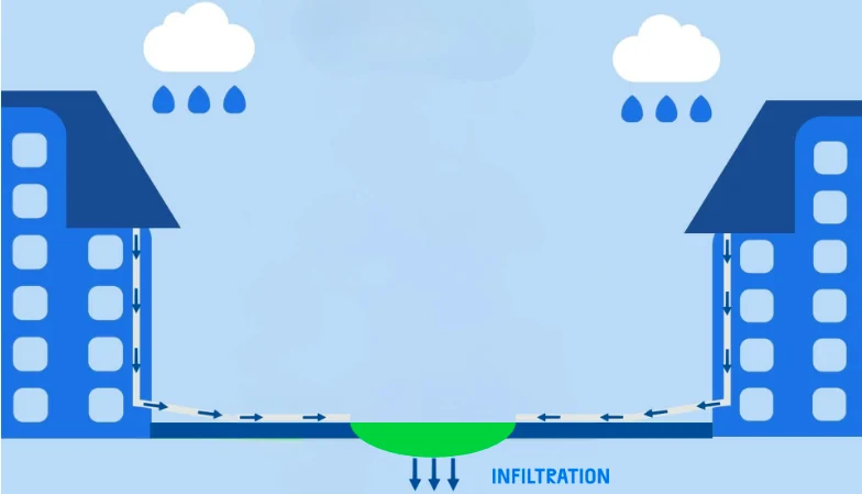 Étape 2 : l'eau récupérée est dirigée vers un creux aménagé, où elle s'infiltre dans le sol.